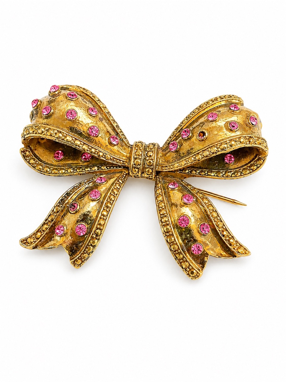 Vintage Gold Tone Pink Rhinestone Bow Brooch Pin Textured Ribbon